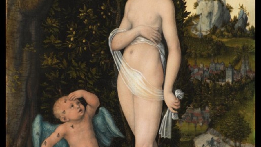 Lucas Cranach the Elder’s Venus with Cupid Stealing Honey, showing the nude goddess Venus standing beside winged Cupid, who holds stolen honey, against a wooded landscape.
