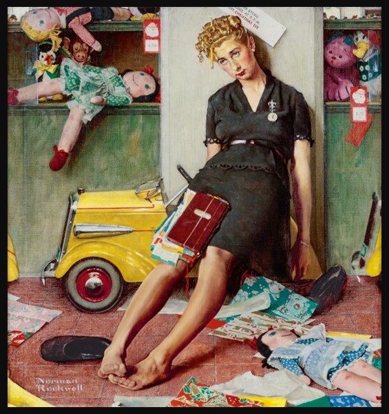 A tired young salesgirl slumps on a stool in a department store on Christmas Eve, surrounded by gift boxes and wrapping paper, conveying holiday exhaustion through Norman Rockwell’s realistic style.