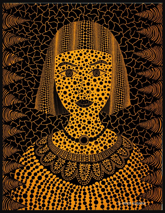 A self-portrait of Yayoi Kusama surrounded by polka dots, pumpkins, and repeating patterns on a bright yellow background.