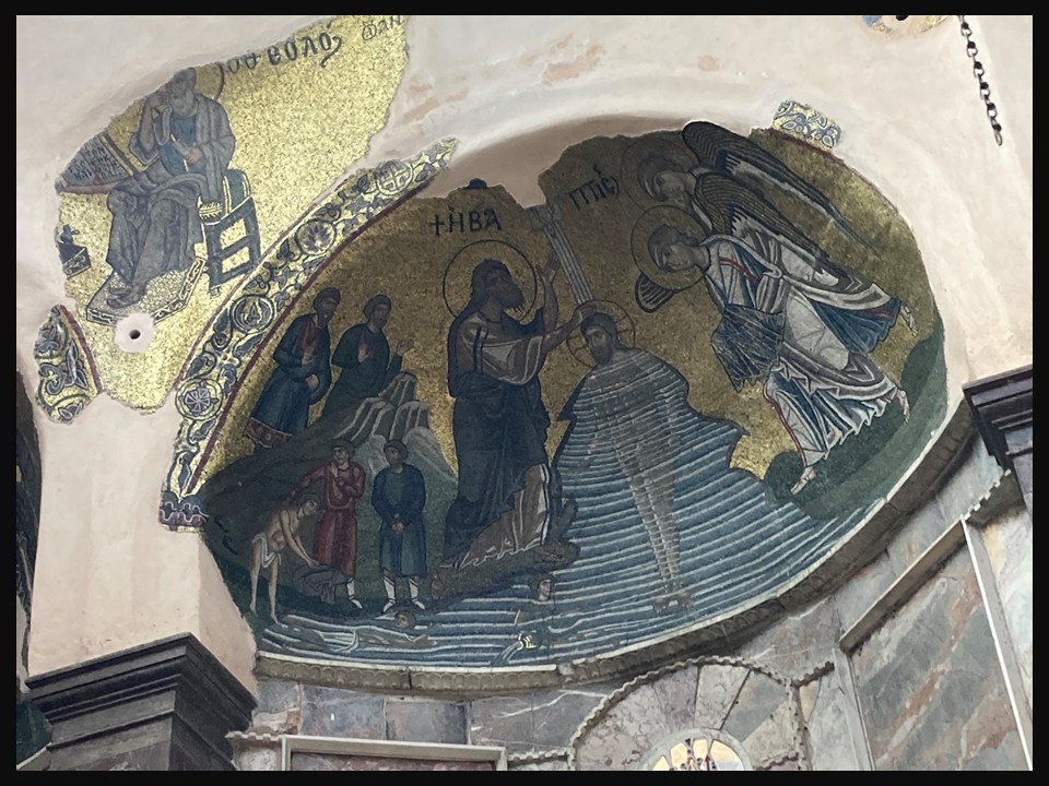 The Baptism of Christ mosaic at Nea Moni monastery, Chios, 11th century, depicting Christ in the Jordan with John the Forerunner and attendant angels.