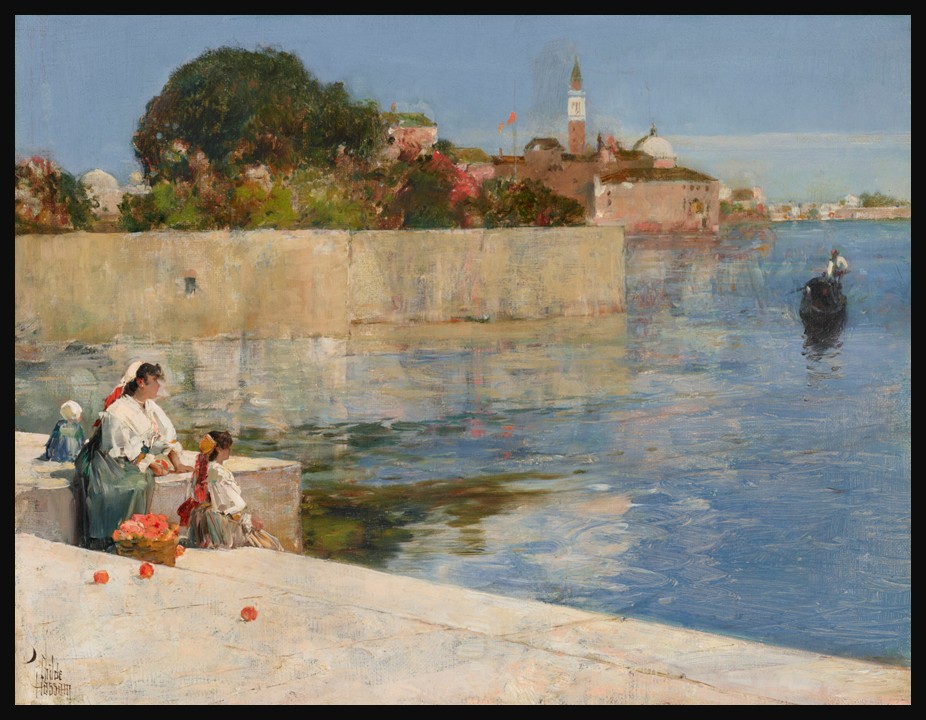 Impressionist oil painting of Venice by Childe Hassam, showing sunlit canal buildings reflected in water.