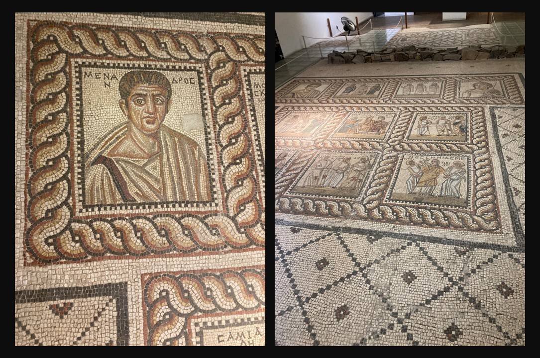 Floor mosaics in the House of Menander in Mytilene, featuring the Portrait of Menander and figural scenes from his Comedies, preserved within the remains of a Roman-period domestic interior.