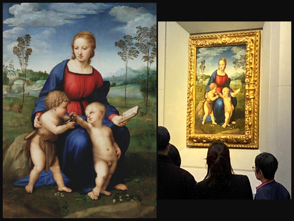 Raffaello Sanzio’s Madonna of the Goldfinch (before 1506) shows the Virgin Mary seated outdoors, gently holding a book as the Christ Child and young Saint John the Baptist interact with a goldfinch, set against a serene Renaissance landscape.