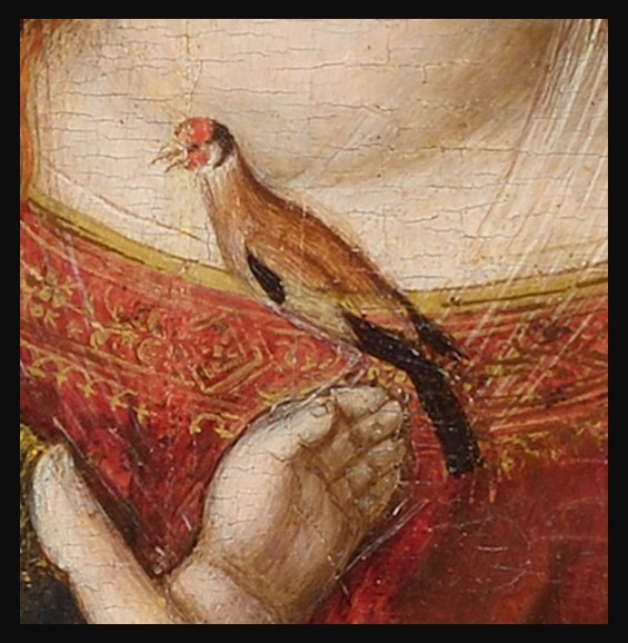 Detail of the Madonna and Child by Antonio Badile: Mary in a blue mantle and red dress tenderly holds the Christ Child, shown half-length against an architectural background, in a gilded frame at Palazzo Maffei, Verona.