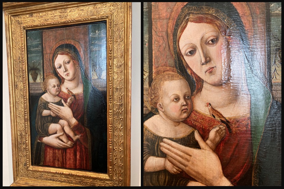 Madonna and Child by Antonio Badile: Mary in a blue mantle and red dress tenderly holds the Christ Child, shown half-length against an architectural background, in a gilded frame at Palazzo Maffei, Verona.