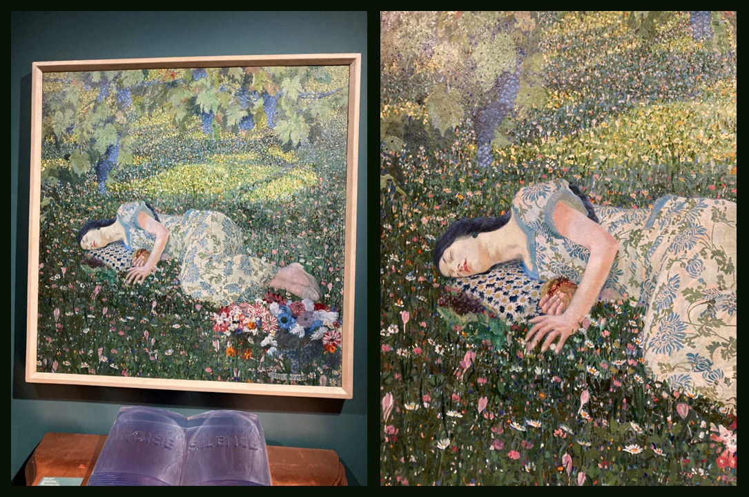 Felice Casorati’s 1913 oil painting The Dream of the Pomegranate depicting a young woman asleep on a floral meadow holding a pomegranate, symbolizing an oneiric, poetic scene in the Palazzo Maffei, Verona.