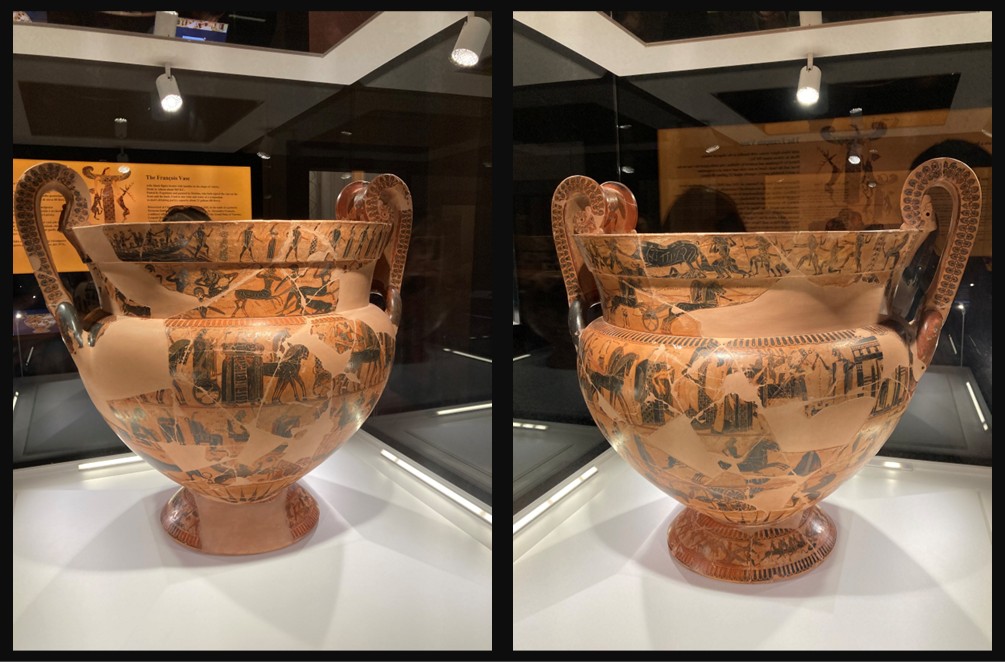 Attic black-figure volute krater known as the François Vase showing multiple mythological scenes in horizontal friezes, by Kleitias and Ergotimos, c. 570–565 BC.