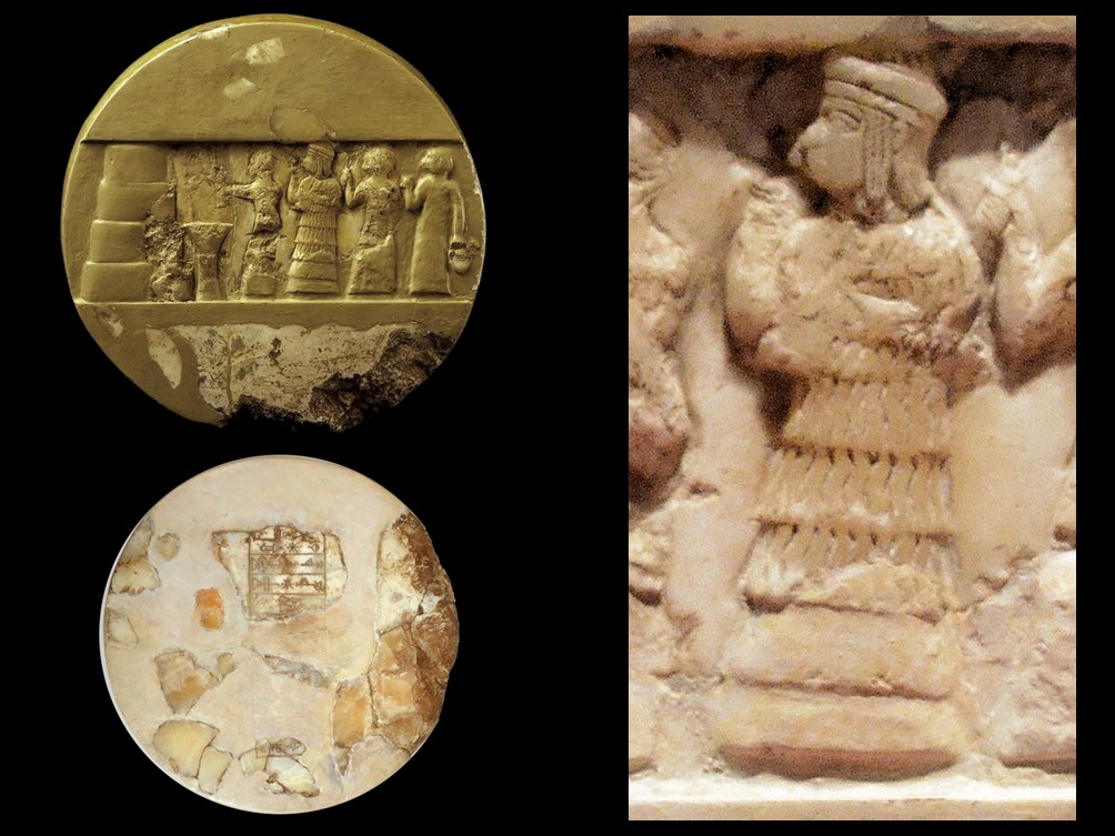 Alabaster disk carved in low relief depicting a ritual libation scene from the Akkadian period: at center, Enheduanna, daughter of Sargon of Akkad and high priestess of Nanna.