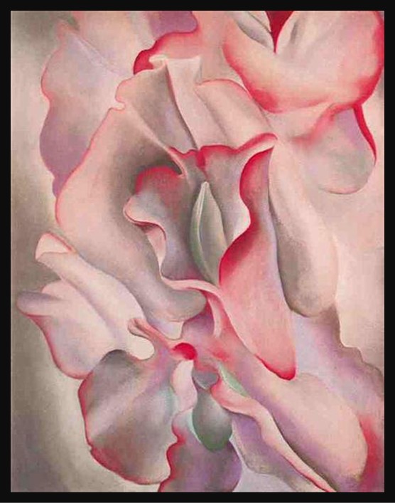 Georgia O’Keeffe, Pink Sweet Peas II: Close-up view of enlarged pink sweet pea blossoms filling the vertical composition, their velvety petals unfolding in soft gradations of rose against a muted background.