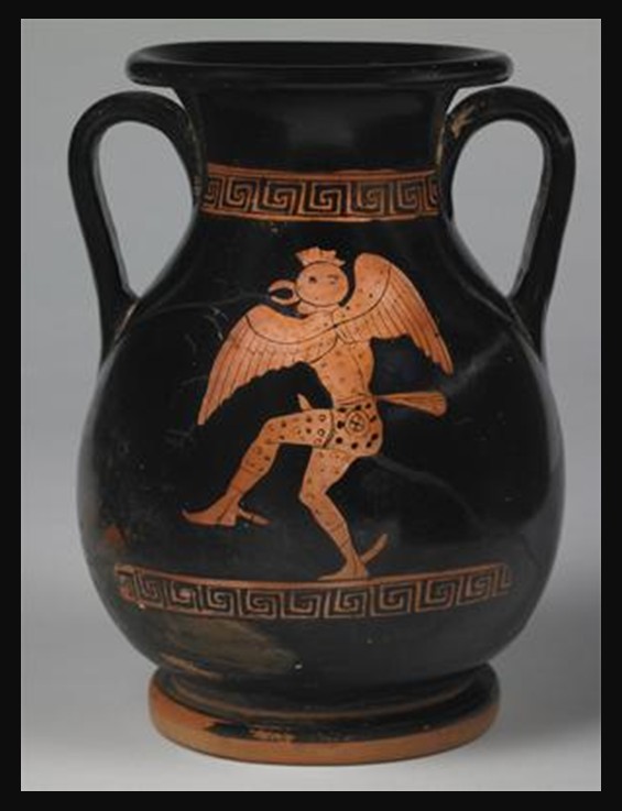 Attic red-figure ceramic pelike showing a lively scene from Greek comedy: a costumed actor in a bird (rooster) outfit with wings, tail, and a raised leg.