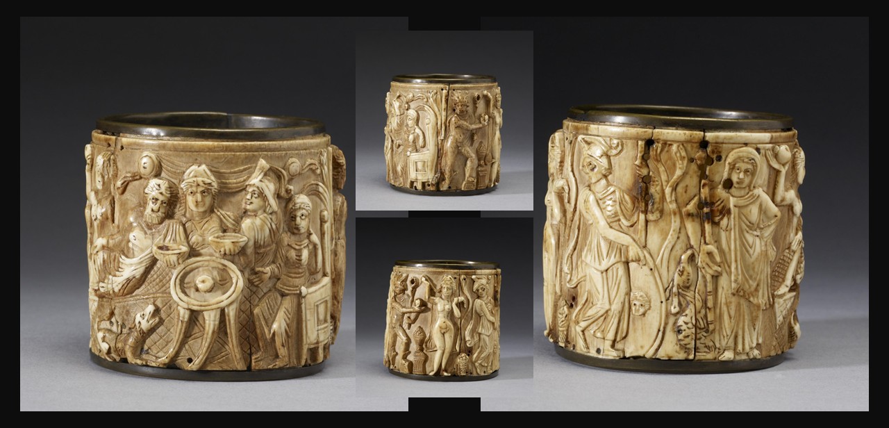 Circular ivory pyxis carved with Greek mythological scenes, made in Egypt in the 5th–6th century AD, in the collection of the Walters Art Museum, Baltimore.