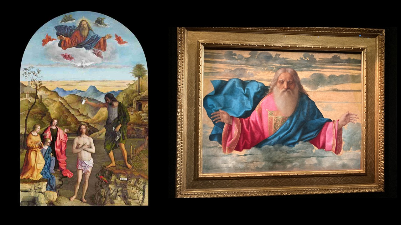 Garzadori Altar – The Baptism of Christ by Giovanni Bellini in the Chiesa di Santa Corona, Vicenza, Italy, and God the Father by Giovanni Bellini in the Palazzo Mosca-Musei Civici, Pesaro, Italy. 