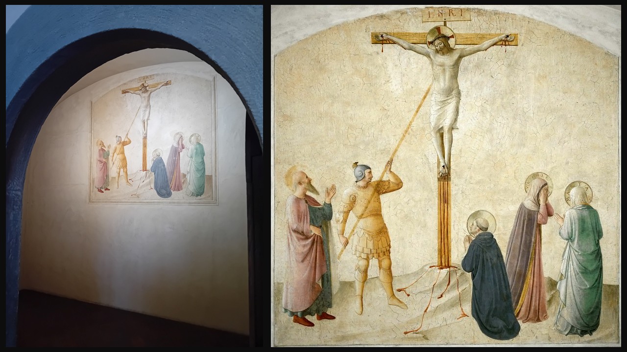 Fresco by Fra Beato Angelico (1395–1455) titled “Crucifixion with the Virgin Mary, Martha, and Saints Mark, Dominic, and Longino”, depicting Christ on the cross at the center, flanked by the Virgin Mary and Saint Martha in mourning. Saints Mark, Dominic, and Longino standing nearby in reverent poses.