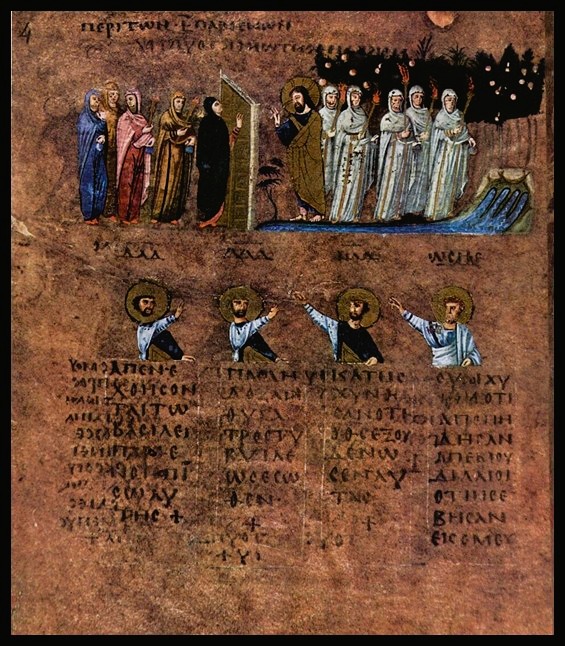 The 6th-century illuminated Gospel Book Codex Purpureus Rossanensis (Rossano Gospels) page showing the Parable of the Ten Virgins in purple-dyed parchment with gold and silver inks, held at the Diocesan Museum, Rossano, Italy.