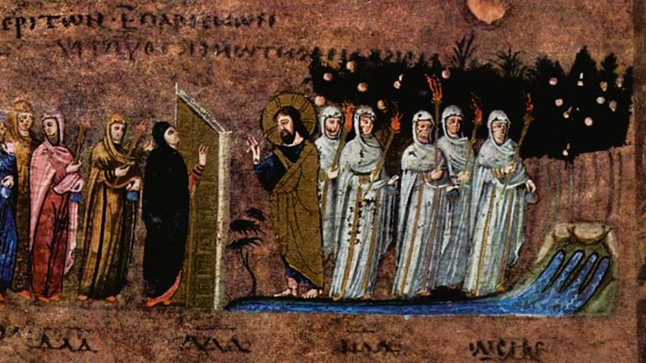 Detail of the 6th-century illuminated Gospel Book Codex Purpureus Rossanensis (Rossano Gospels) page showing the Parable of the Ten Virgins in Rossano, Italy.