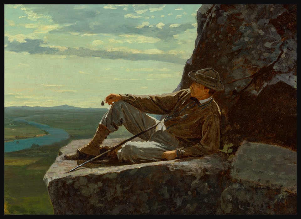 Winslow Homer, A Mountain Climber Resting, 1869 – a lone hiker reclines on a rocky mountain ledge, smoking a pipe and gazing across a wide valley landscape below.