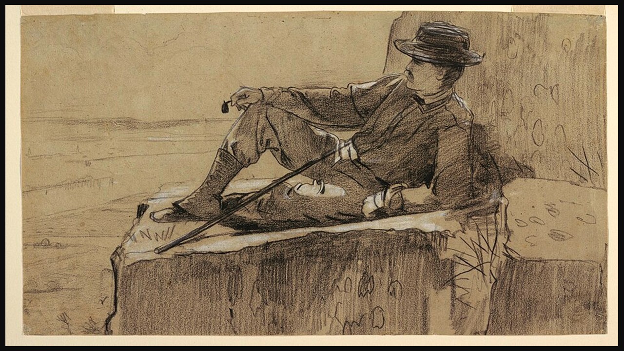 Winslow Homer, Study for “Mountain Climber Resting,” 1868–69 – black and white crayon drawing of a reclining mountain climber resting on a rocky ledge and looking out over a mountainous landscape.