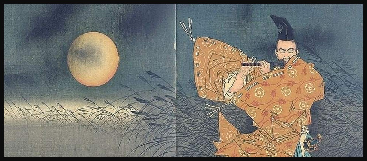 Yoshitoshi woodblock print of Fujiwara Yasumasa playing flute under moonlight (detail) while a bandit watches from tall grass, Kyoto, 1883