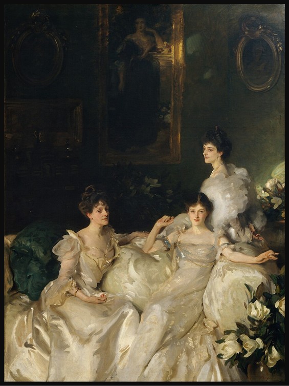 Portrait by John Singer Sargent of the three elegantly dressed Wyndham sisters posed indoors, one seated at center and two standing on either side—wearing white gowns against a soft, muted background.