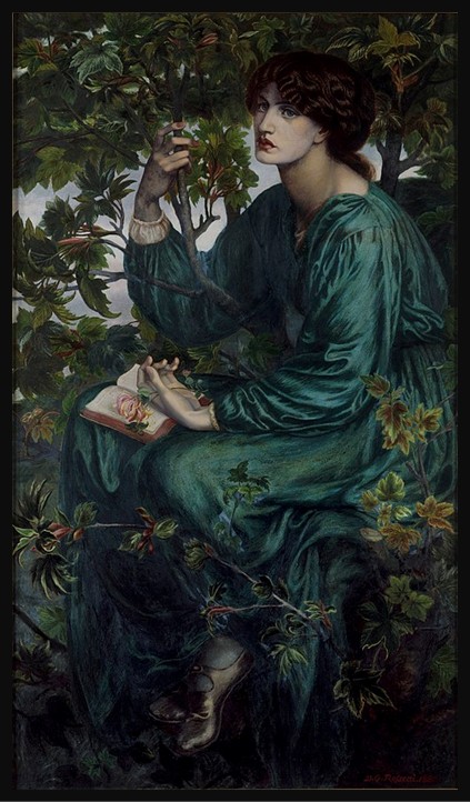 By Rossetti, a pastel and black chalk on tinted paper painting of the Day Dream, presenting Jame Morris in a flowing green dress, among tree branches and leaves, holding a small sprig of honeysuckle, thoughtfully looking downward, surrounded by soft, filtered light.
