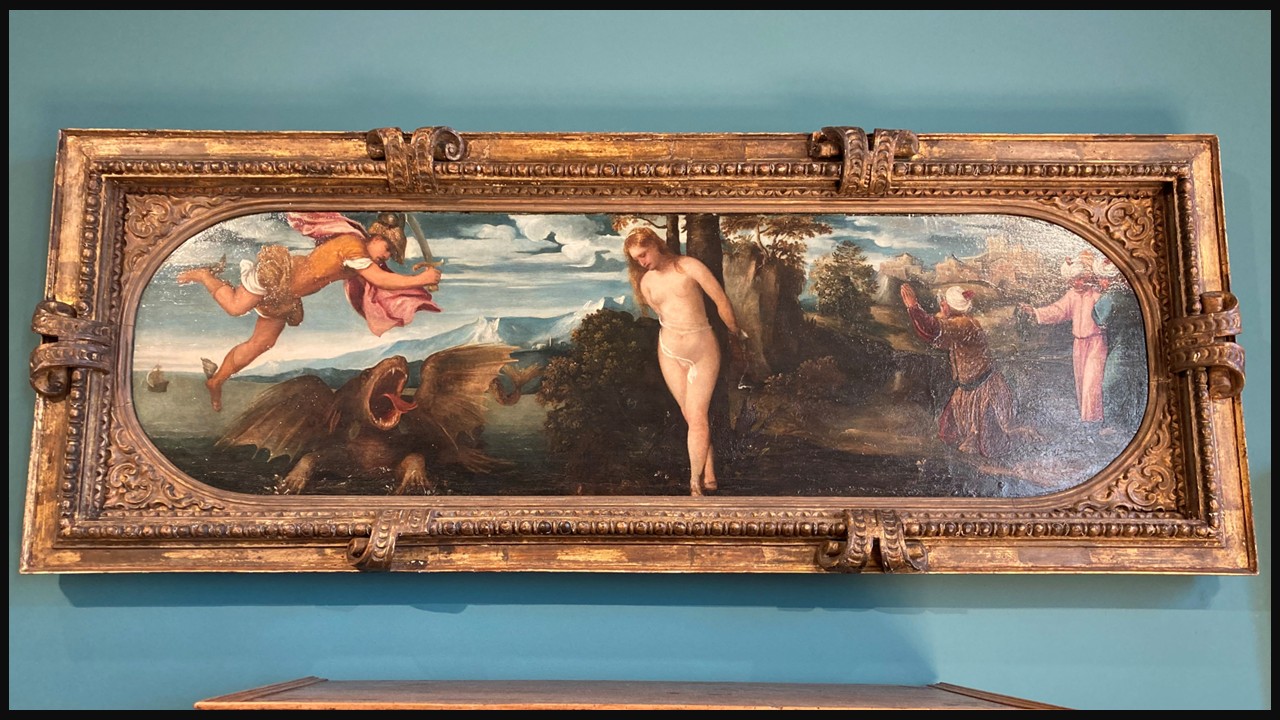 Renaissance painting of Perseus rescuing Andromeda, who is chained to rocks by the sea, as he confronts a sea monster; dramatic sky and richly dressed figures emphasize movement and tension.