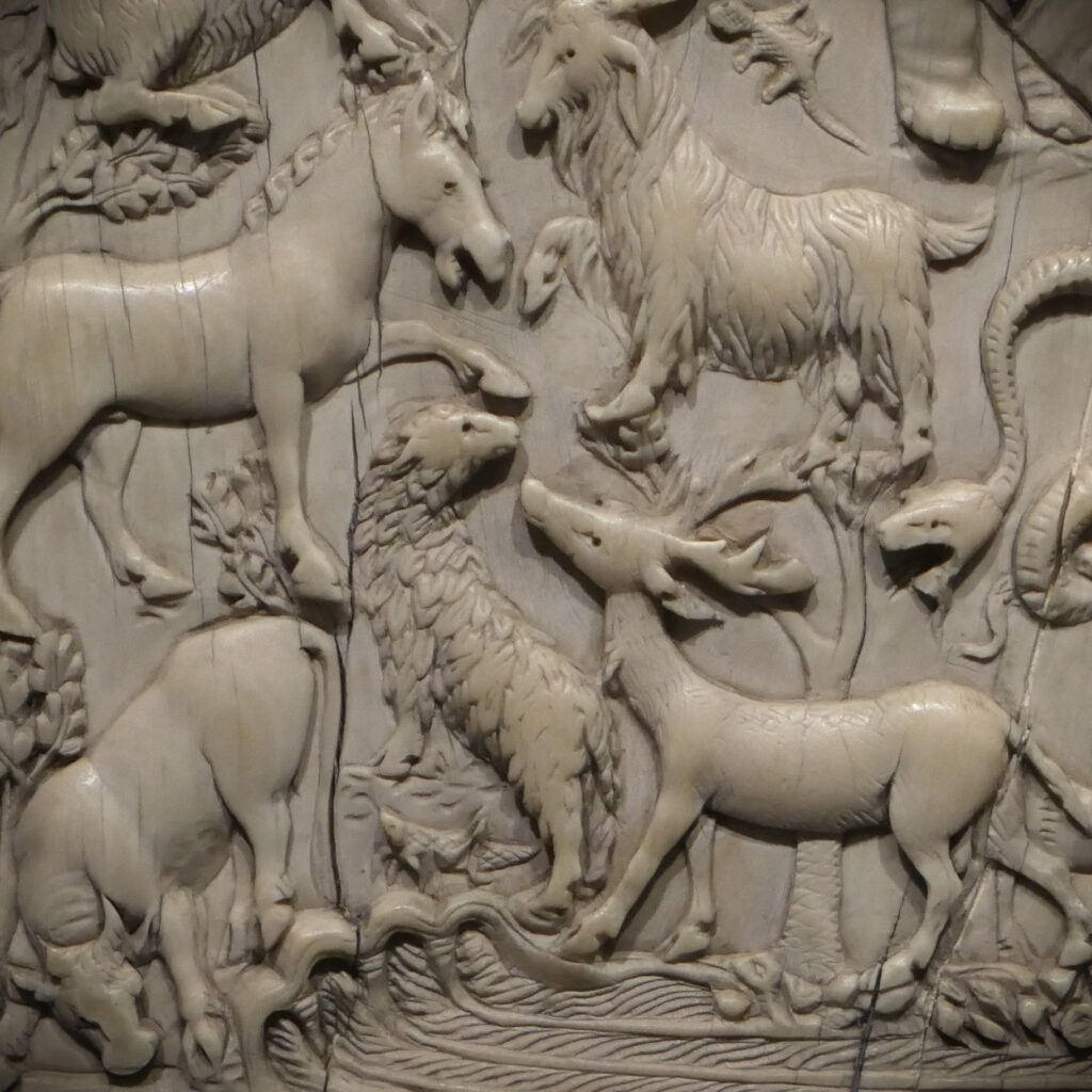 Detail of the Bargello Ivory Diptych depicting animals in the Earthly Paradise panel.
