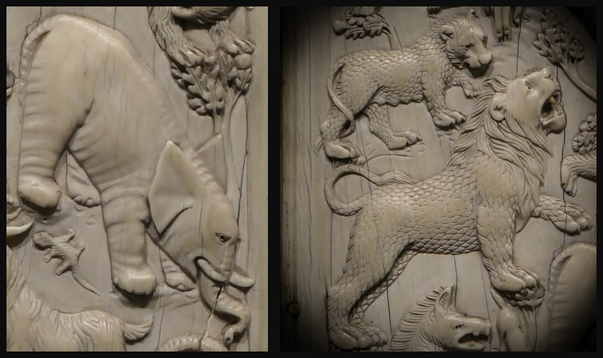 Details of the Bargello Ivory Diptych depicting animals in the Earthly Paradise panel.