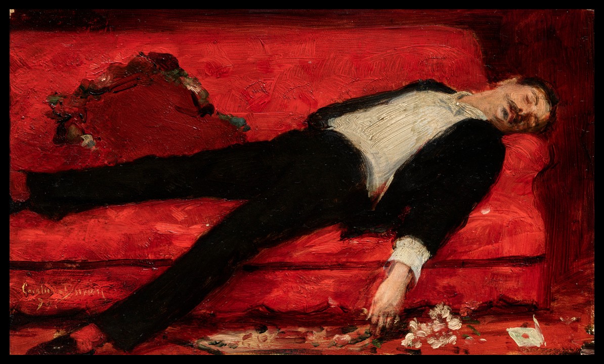Oil painting by Carolus-Duran, 1889, showing a young man slumped asleep or unconscious across a sofa, with an opened letter and a discarded bouquet of flowers lying on the floor beside him. Small format, naturalistic style, muted interior palette.