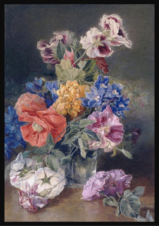 James Holland’s 1859 watercolour shows an abundant summer bouquet in a clear glass vase. Soft pink and cream roses, a vivid red poppy, pelargoniums, yellow calceolarias, and tall blue delphiniums spill naturally across the composition. 