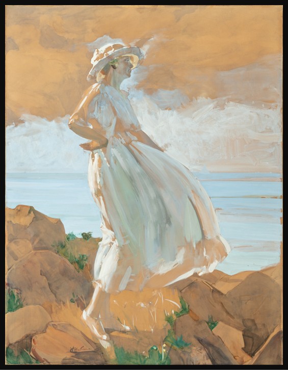 ‘On the Cliff’ is believed to be a portrait painting of Madame Costantini perched on a Cliff by Virgilio Costantini created in 1936.