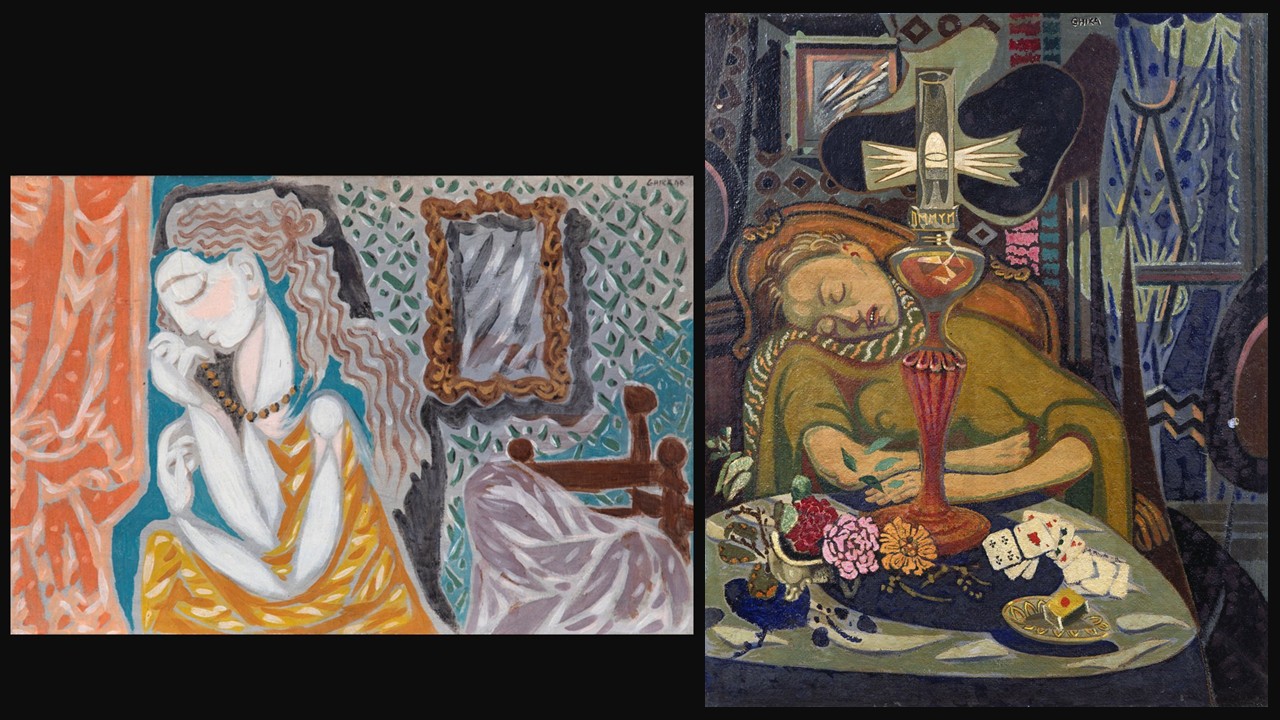 Side-by-side view of Nikos Hadjikyriakos-Ghikas’ Interior with Woman and Mirror (1940), a geometric interior with a seated woman and mirror in muted tones, and Sleeping Woman (1997), a terracotta sculpture of a reclining female figure in simplified, restful form displayed in the Benaki Museum.