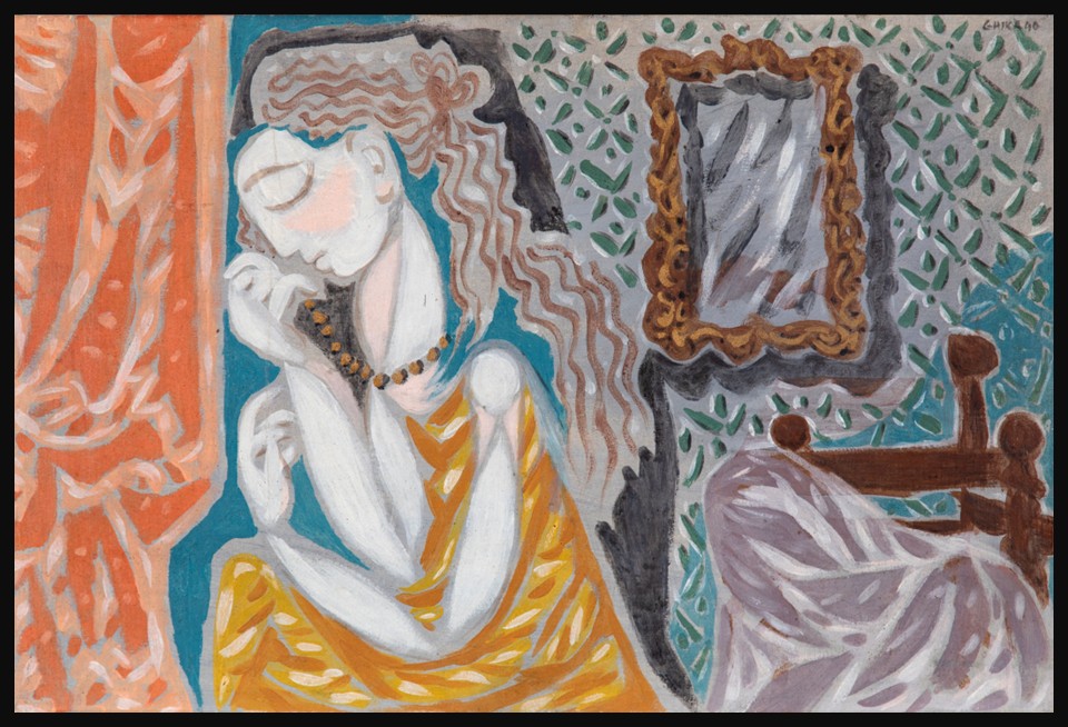 Nikos Hadjikyriakos-Ghika, Interior with Woman and Mirror, 1940. A stylised female figure with closed, lowered eyes sits in an interior space beside a mirror, rendered in a cubist-inflected style with flattened limbs and decorative wallpaper patterning.