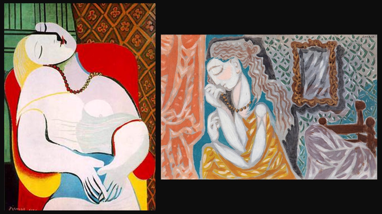 Side-by-side image of two modernist paintings: Picasso’s Le Rêve (1932), a soft, dreamlike reclining female portrait with rounded, simplified forms, and Ghikas’ Interior with Woman and Mirror (1940), a geometric interior with a seated woman and mirror, built from angular shapes and muted tones.