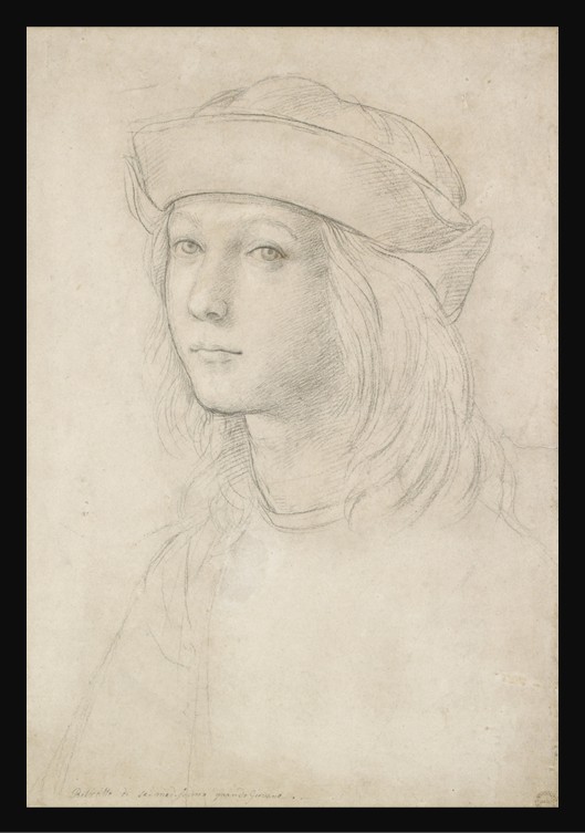 Raphael, presumed self-portrait, c.1500, black chalk on laid paper, Ashmolean Museum, Oxford. A delicate chalk drawing of a young boy with soft features and a quietly introspective gaze, revealing the exceptional draughtsmanship of a teenage Raphael.