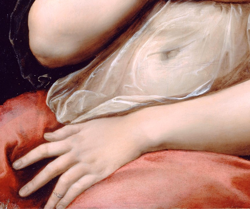 Raphael, La Fornarina, c.1519–20, oil on panel, detail of the hand. A close-up of the subject's elegantly rendered right hand, adorned with a small ring on her finger, resting gently against richly draped red fabric, with a translucent sheer veil cascading softly above, showcasing Raphael's extraordinary mastery of texture, light, and delicacy.