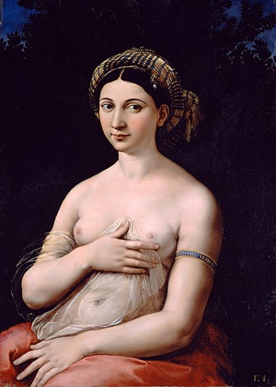 Raphael, La Fornarina, c.1519–20, oil on panel. A half-length portrait of a young woman, nude to the waist, wearing a white arm band inscribed with Raphael's name, a sheer veil, and a richly wrapped turban-like headdress, set against a dark myrtle bush background.