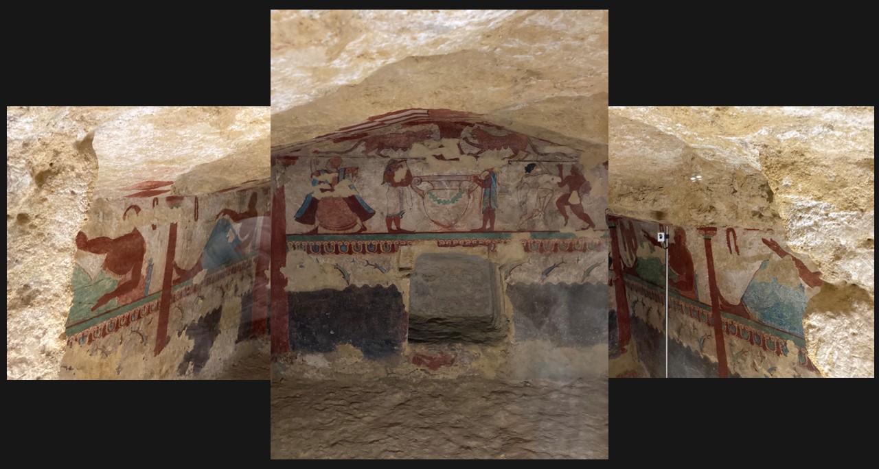 Three scenes of the frescoed interior of the Etruscan Tomb of the Lionesses showing dancers, musicians, and a banquet scene beneath two facing lionesses.