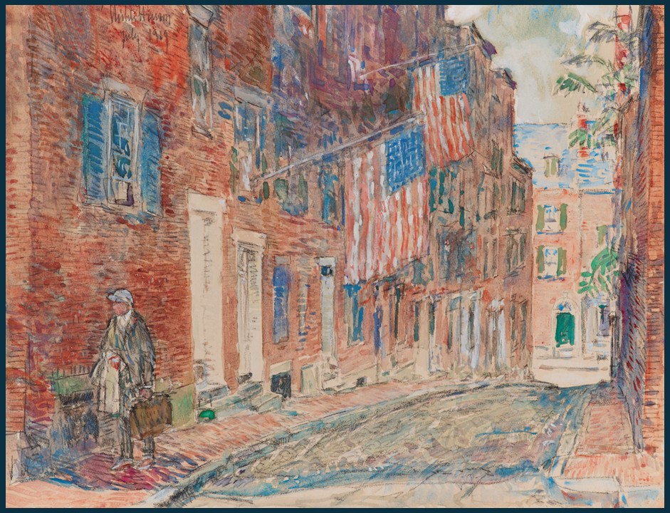 Childe Hassam painting of Acorn Street in Boston’s Beacon Hill with American flags, 1919.