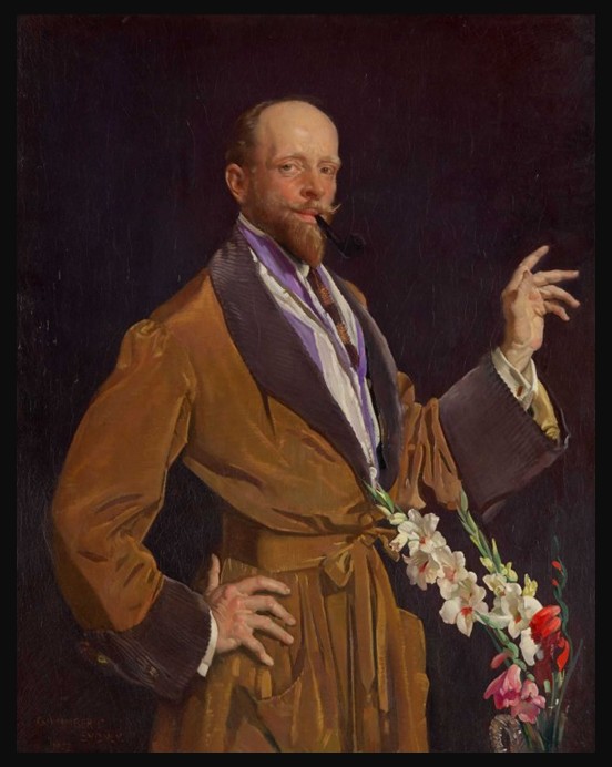 George Lambert's 1922 oil self-portrait: the artist stands against a deep purple background in a gold velvet smoking jacket, pipe in mouth, one hand on hip, beside a cut-crystal vase of red, pink, and white gladioli.