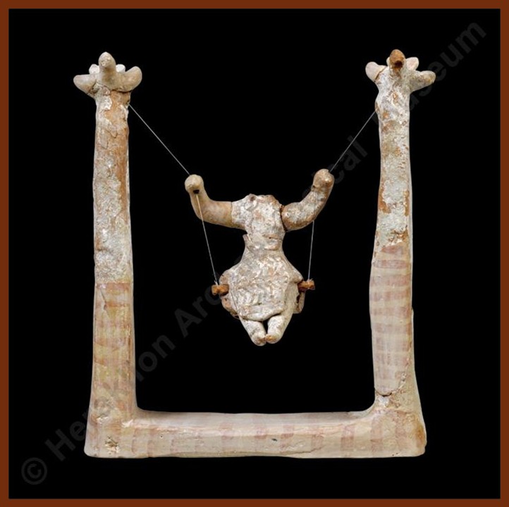 Clay model of swinging female figure, Neopalatial period 1700-1450 BC, Heraklion Archaeological Museum, Crete.