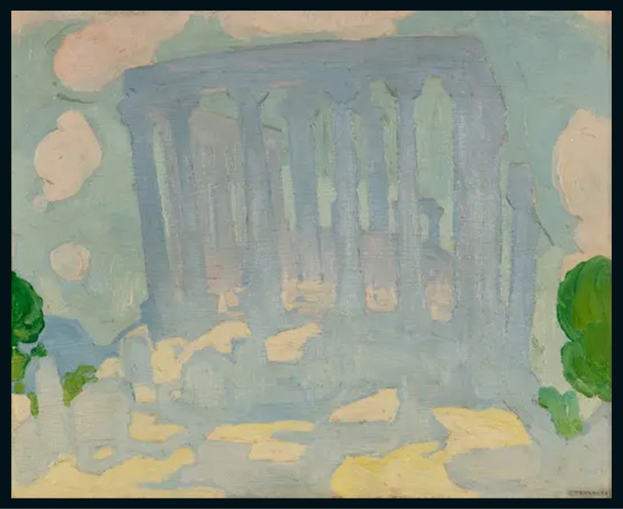 Spyros Papaloukas, The Temple of Aphaia, Aegina, 1923, oil on cardboard mounted on canvas, 27.5 × 33.5 cm. A small-format plein air study of the ancient Doric temple on the island of Aegina, painted in the artist's characteristic chalky, fresco-like technique.