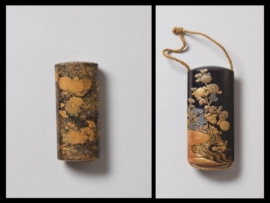 Left: Japanese lacquer inrō decorated with blooming chrysanthemums and asters in gold and coloured lacquer, Edo period, 18th–19th century. Victoria and Albert Museum, London. Right: Japanese lacquer inrō featuring chrysanthemums and asters in delicate gold lacquer against a dark background, Edo period, 18th–19th century. Victoria and Albert Museum, London.