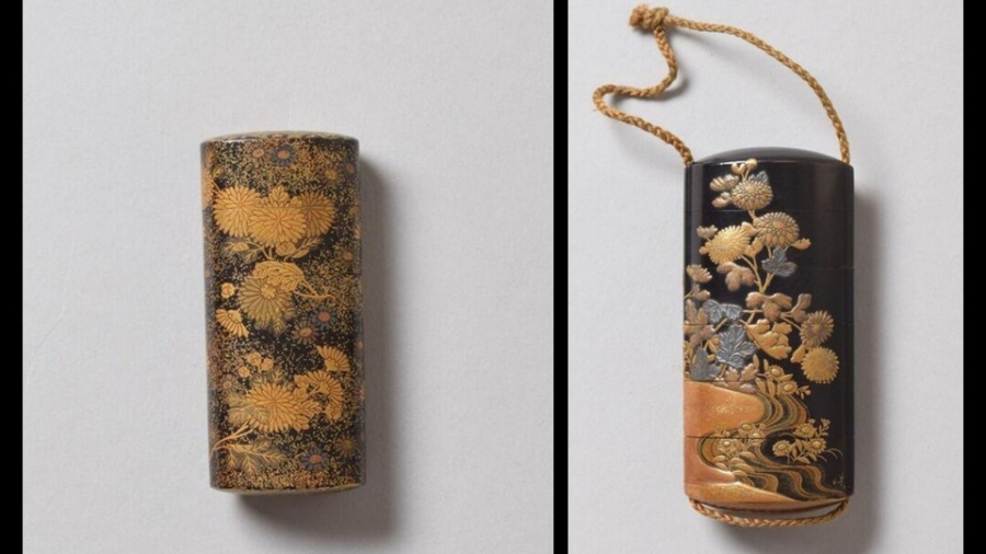 Left: Japanese lacquer inrō decorated with blooming chrysanthemums and asters in gold and coloured lacquer, Edo period, 18th–19th century. Victoria and Albert Museum, London. Right: Japanese lacquer inrō featuring chrysanthemums and asters in delicate gold lacquer against a dark background, Edo period, 18th–19th century. Victoria and Albert Museum, London.