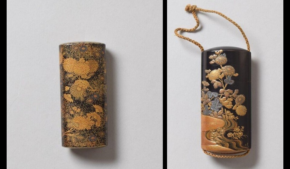 Left: Japanese lacquer inrō decorated with blooming chrysanthemums and asters in gold and coloured lacquer, Edo period, 18th–19th century. Victoria and Albert Museum, London. Right: Japanese lacquer inrō featuring chrysanthemums and asters in delicate gold lacquer against a dark background, Edo period, 18th–19th century. Victoria and Albert Museum, London.