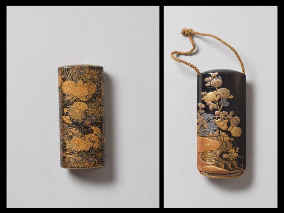 Left: Japanese lacquer inrō decorated with blooming chrysanthemums and asters in gold and coloured lacquer, Edo period, 18th–19th century. Victoria and Albert Museum, London.
Right: Japanese lacquer inrō featuring chrysanthemums and asters in delicate gold lacquer against a dark background, Edo period, 18th–19th century. Victoria and Albert Museum, London.