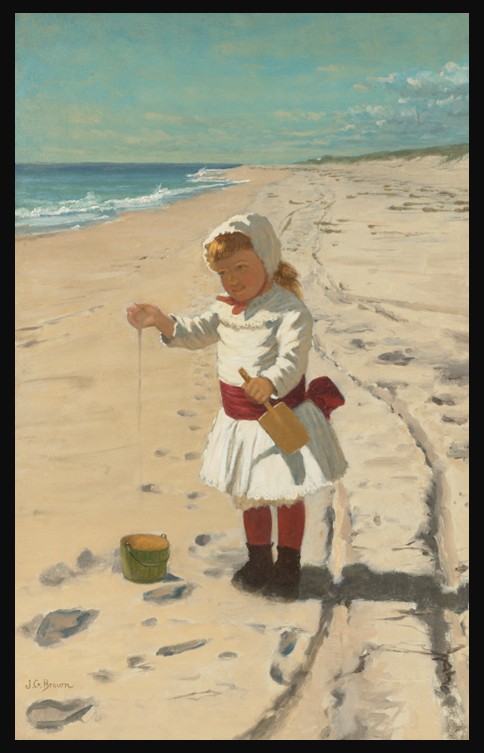 John George Brown's Playing in the Sand at Southampton Beach (1879–1880), depicting a young child in a white dress and blue hat sitting on a sandy beach, absorbed in play beside a wooden bucket under bright summer light.