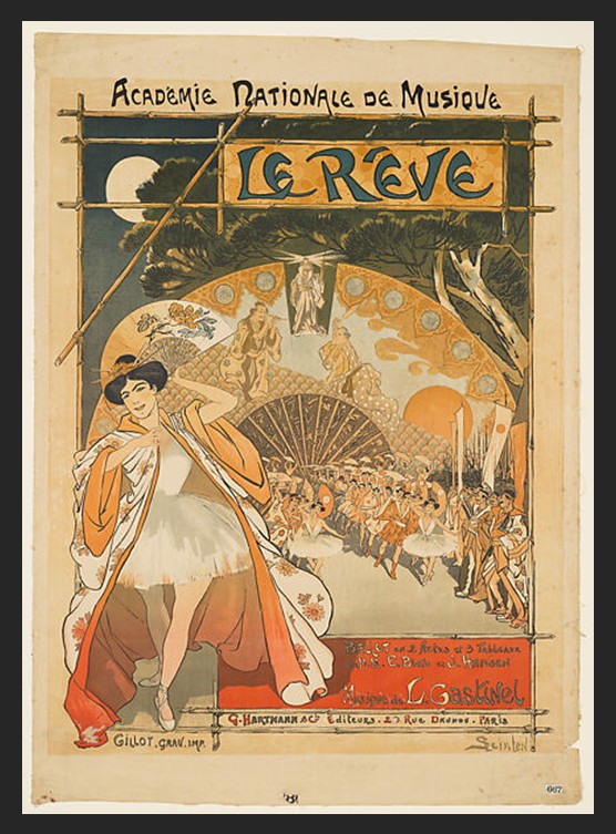 Le Rêve (Académie Nationale de Musique), 1890. A large-format French Art Nouveau poster in muted tones depicting a dreaming female figure surrounded by ethereal, flowing imagery. Théophile-Alexandre Steinlen; printed by Charles Gillot. 