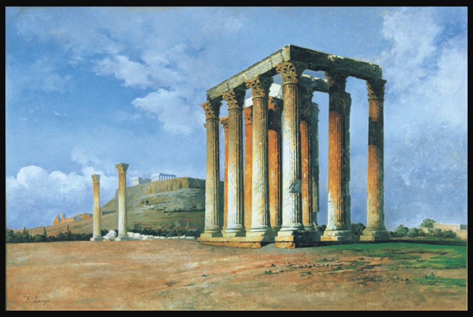Columns of the Temple of Olympian Zeus standing against the sky in Athens, painted by Vikentios Lanza in a calm 19th-century archaeological landscape.