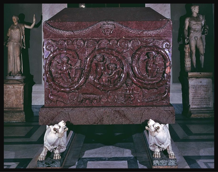 Monumental sarcophagus of Constantia, 354 AD, carved in red porphyry with grape harvest scenes, cupids and acanthus scrolls on all four sides. Museo Pio-Clementino, Musei Vaticani, Rome.