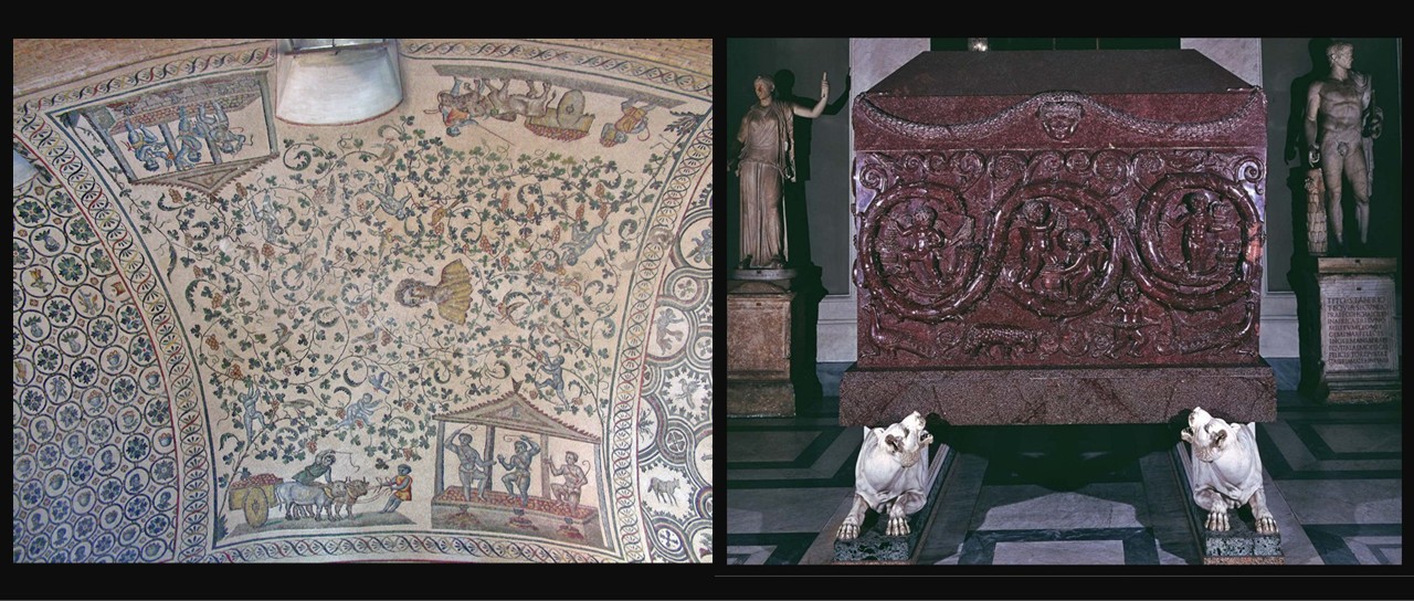 Left image: Ceiling mosaic from the Mausoleum of Constantia, Rome, 4th century CE, depicting an elaborate grapevine scroll with harvest scenes and geometric border medallions.
Right image: The carved porphyry sarcophagus of Constantina, now in the Vatican Museums, decorated with putti amid vine scrolls and resting on white marble lion supports.